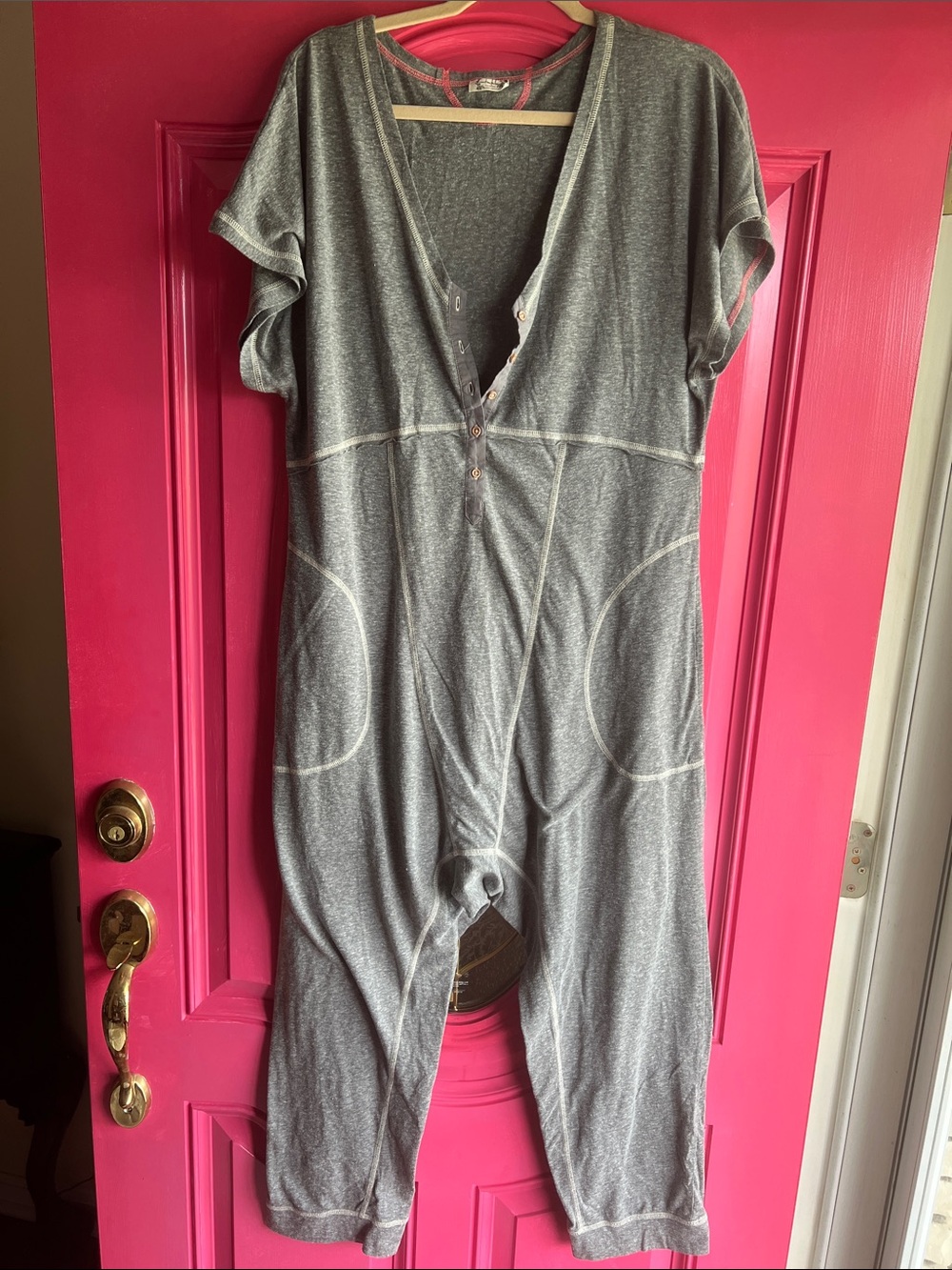 Free People Heather Gray Short-Sleeve Lounge Jumpsuit- Free Size